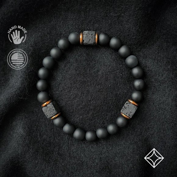 Matte Black Onyx with Cube Lava Balance Bracelet, Mens Bracelet, Womens Bracelet - Picture 1 of 3